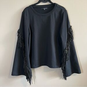 ✨ Moelleux Women’s Black Long Sleeve Top with Studded Arm Fringe Small
